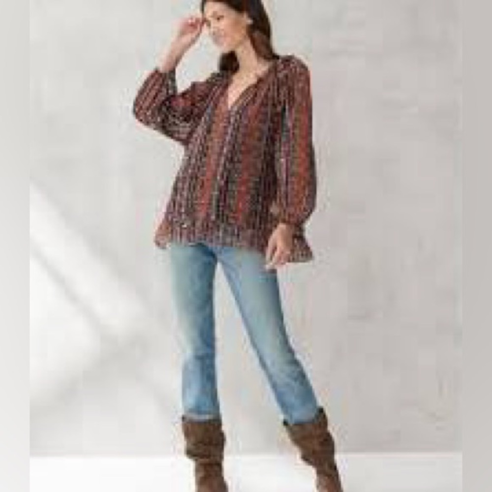 Lucky Brand Sheer Peasant Top V-Neck With Tie Attached Black Camisole